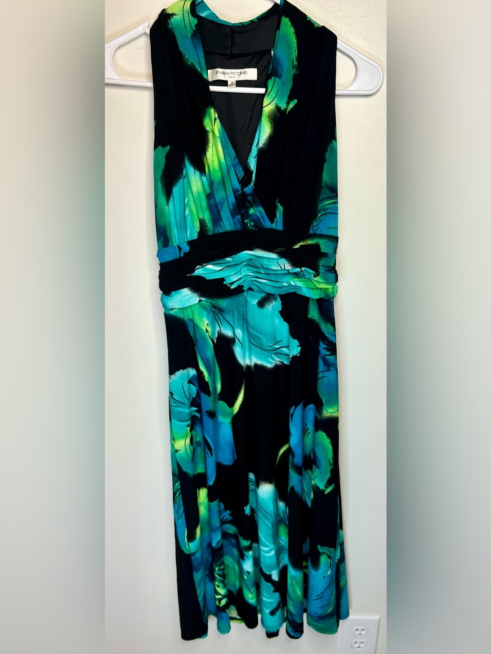 Evan Picone Black Dress with Teal & Green Brushstroke Print